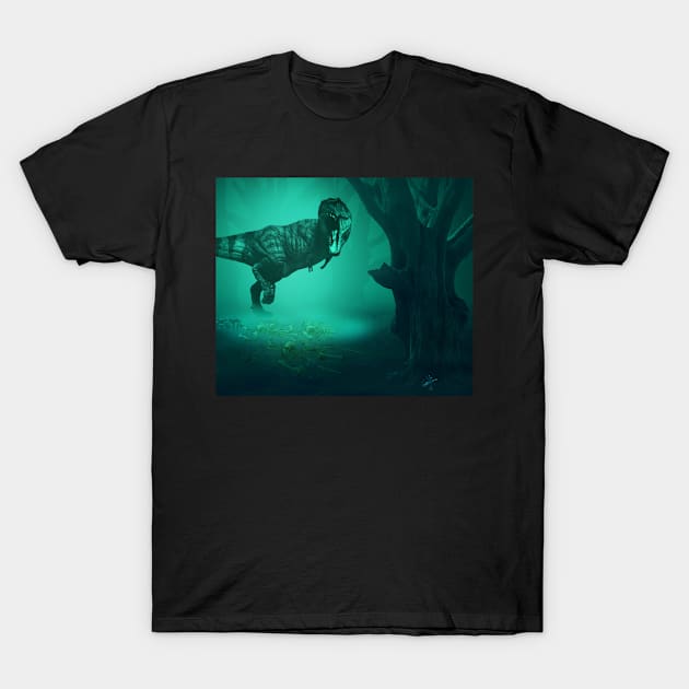 TRex Dinosaur in Forest T-Shirt by Wanderer Bat